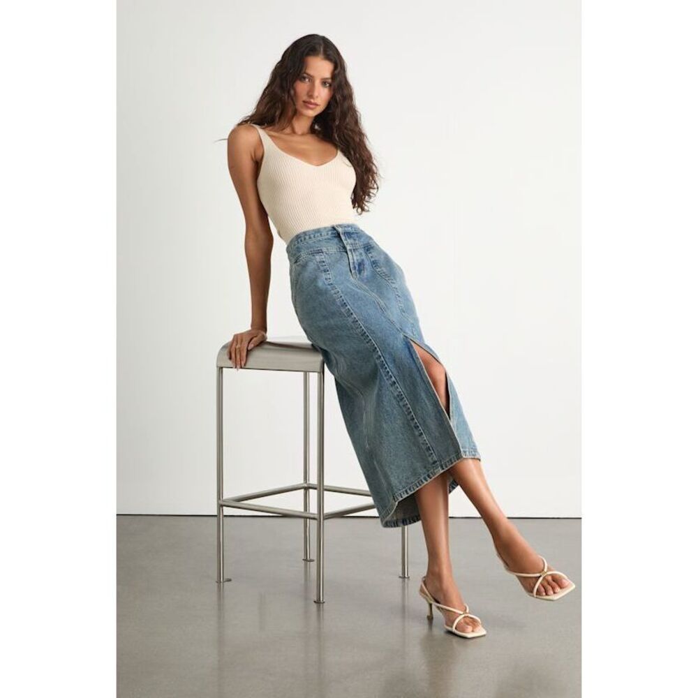 Lulus Aisling Light Wash High-rise Denim Midi Skirt Blue - Size S NWT